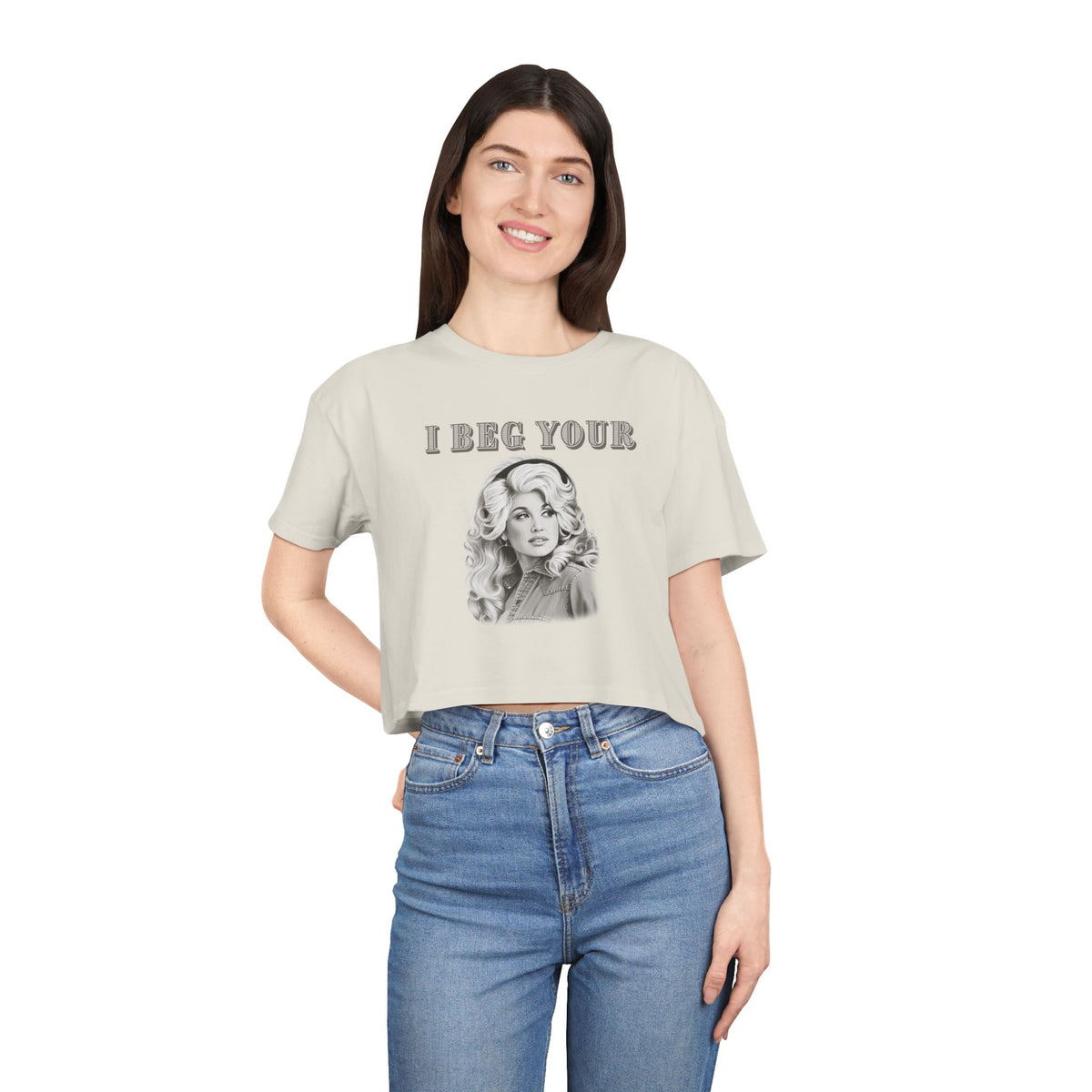 Crop Tee — Dolly Parton Vintage Glam "I Beg Your" Graphic