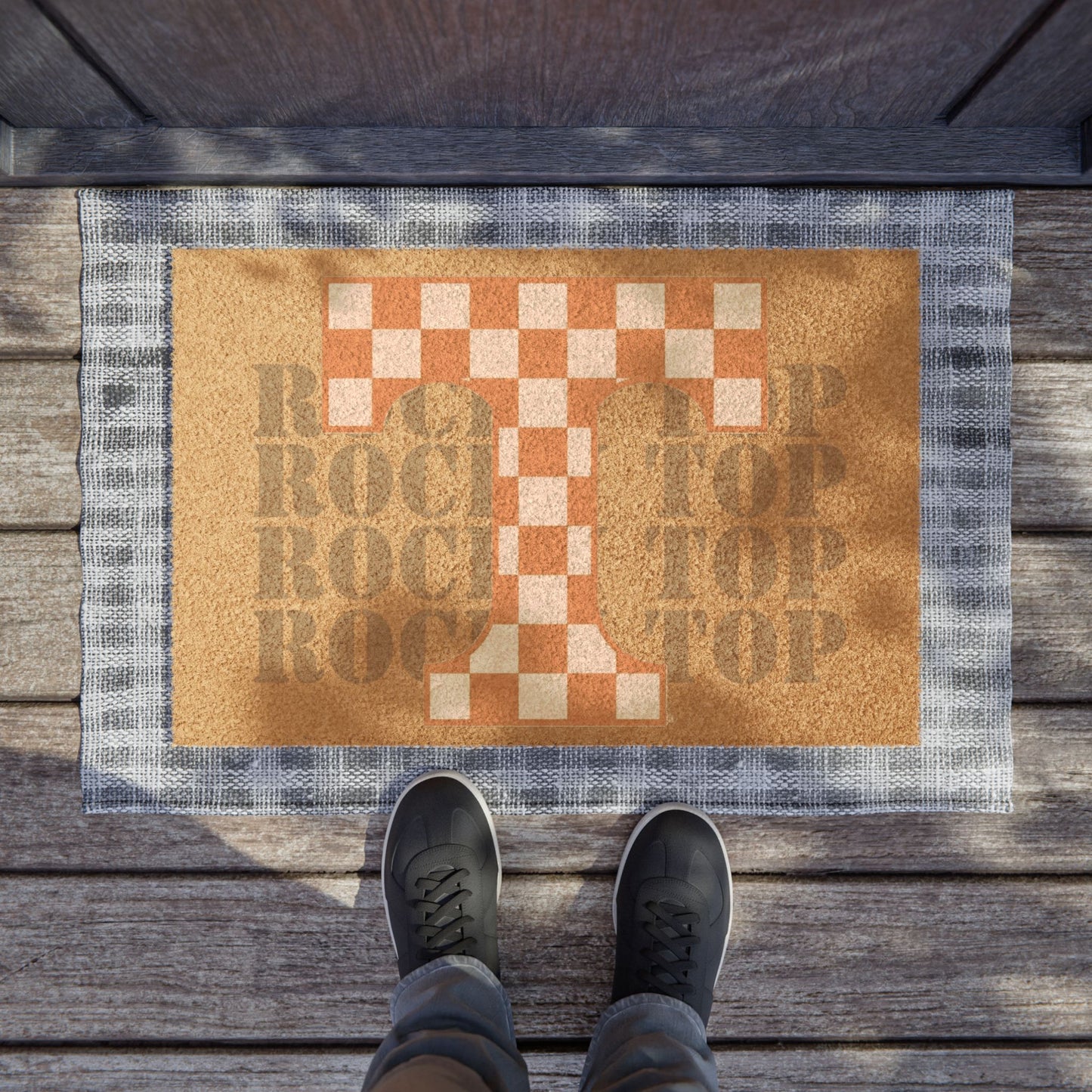 Checkered Monogram T Doormat | Coir Welcome Mat, Tennessee Inspired