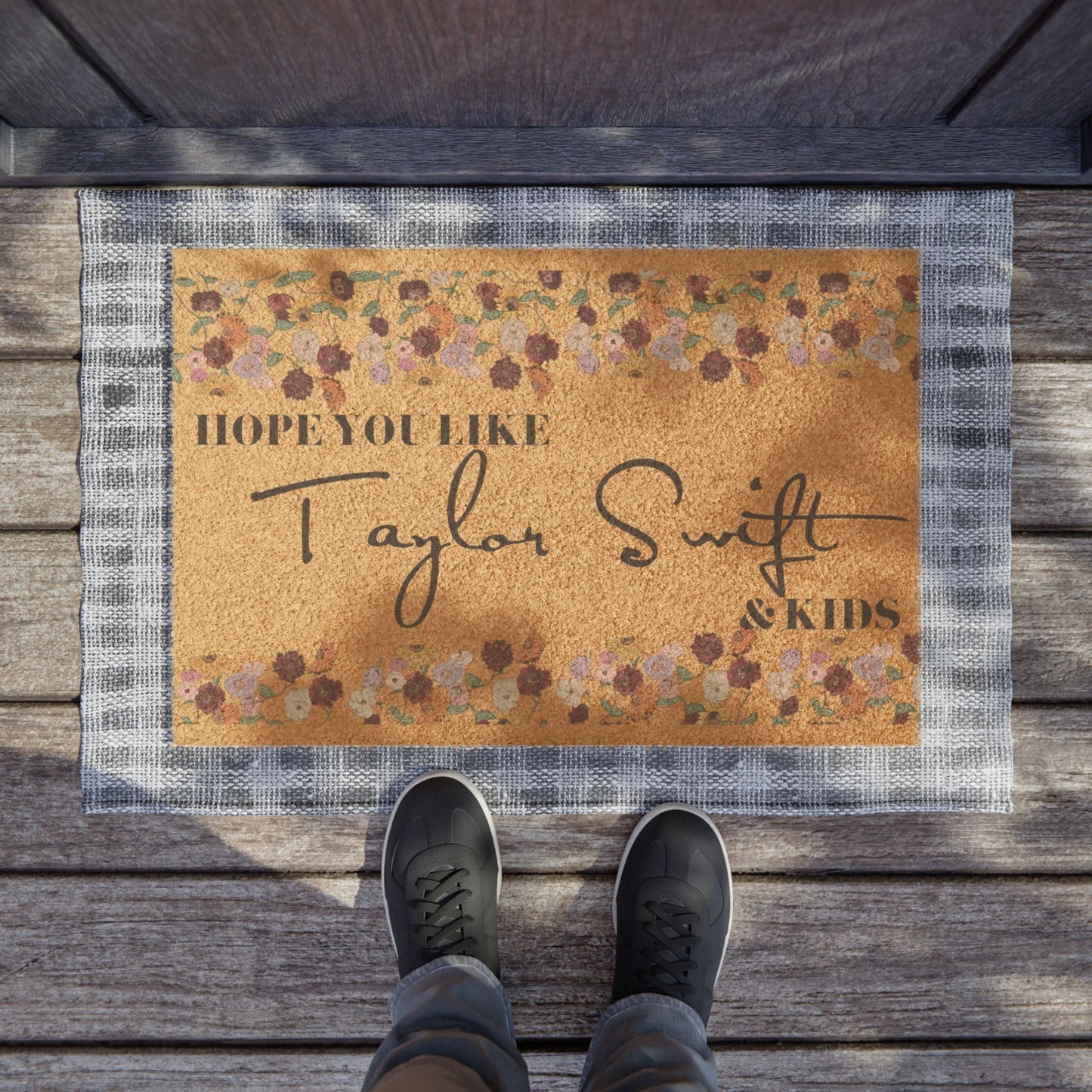 Swiftie Doormat — Floral “Hope You Like TS & Kicks” Welcome Mat