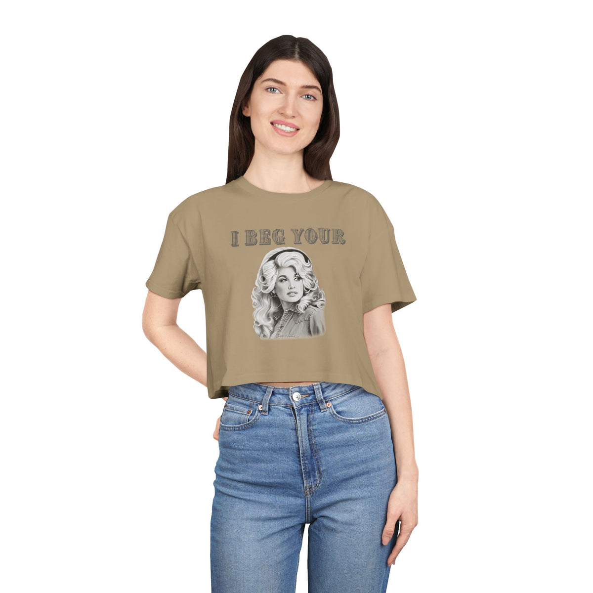 Crop Tee — Dolly Parton Vintage Glam "I Beg Your" Graphic