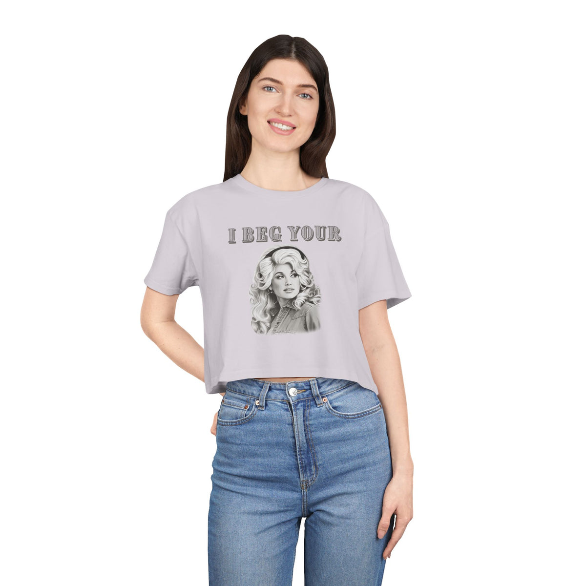 Crop Tee — Dolly Parton Vintage Glam "I Beg Your" Graphic