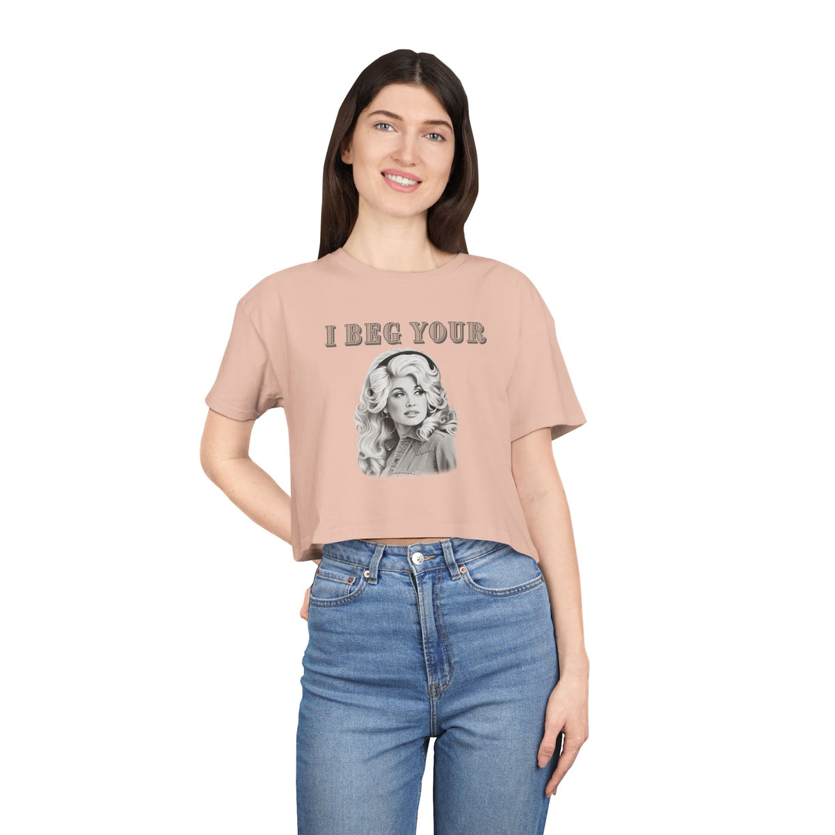 Crop Tee — Dolly Parton Vintage Glam "I Beg Your" Graphic